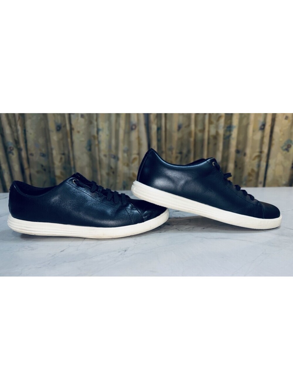 Cole Haan Men’s Black Leather Low Top Sneakers White Sole Lace Up Casual Shoes